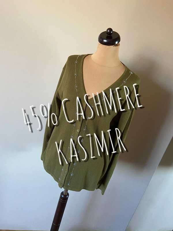 Xxxl gd kaszmir cashmere kardigan sweter khaki oliwkowy 44 42