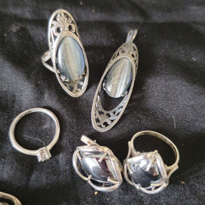 Винтаж серьги кулон серебро фианит гематит кошачий глаз