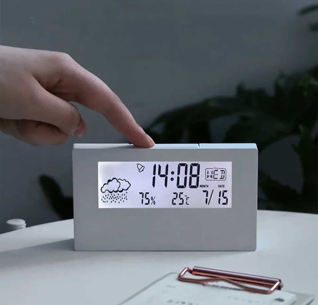 Цифровой будильник з прозорим дисплеєм, термометр, гігрометр