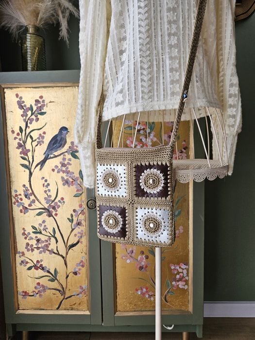 Mini Torebka damska Szydełkowa Boho Patchwork Brąz Srebro