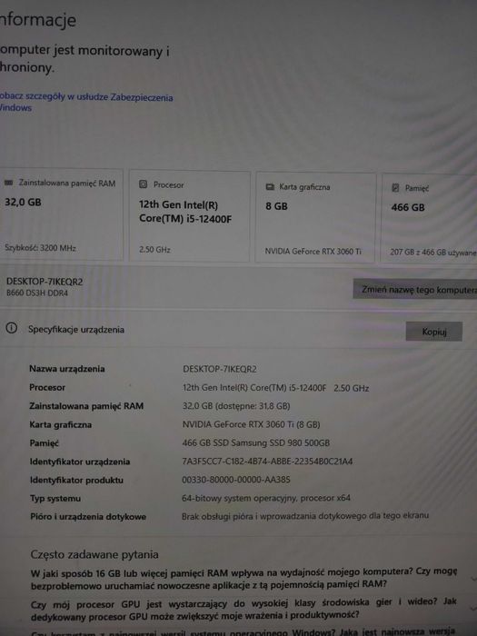 Komputer do pracy i gier, GeForce RTX 3060 TI, i5 12400f, 32GB RAM