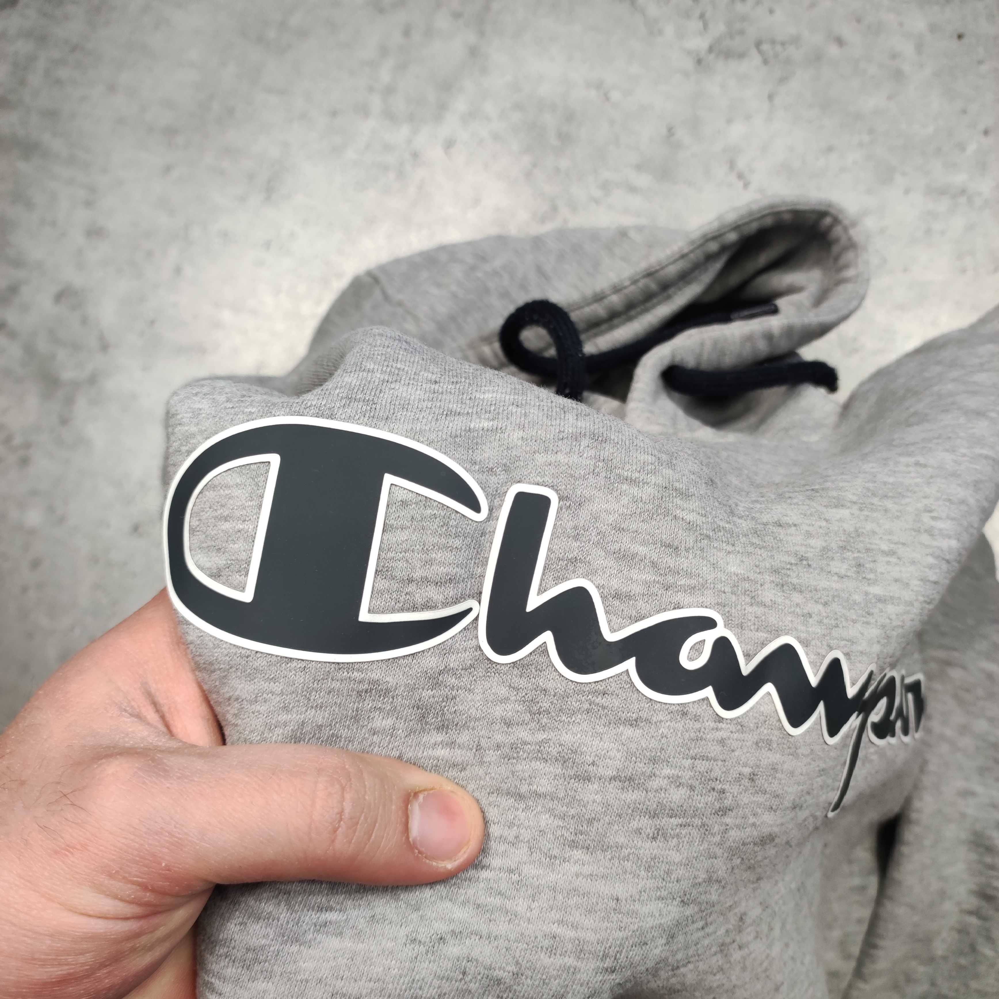 MĘSKA Bluza Bawełniana Hoodie z Kapturem Duże Logo Ciepła Champion