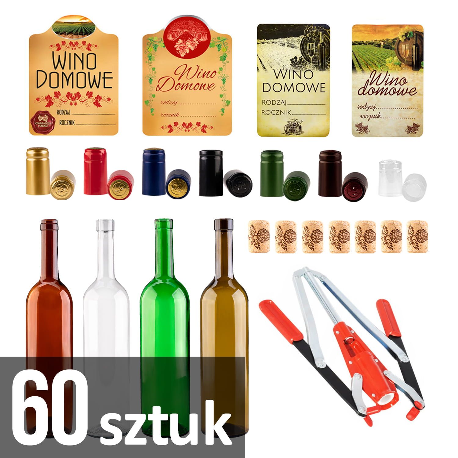 60x butelka BORDEAUX 750 ml + korki + etykiety + kapturki + korkownica