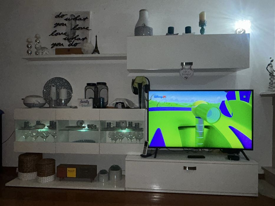 Movel de Sala e de TV com arrumação e iluminação decorativa.
