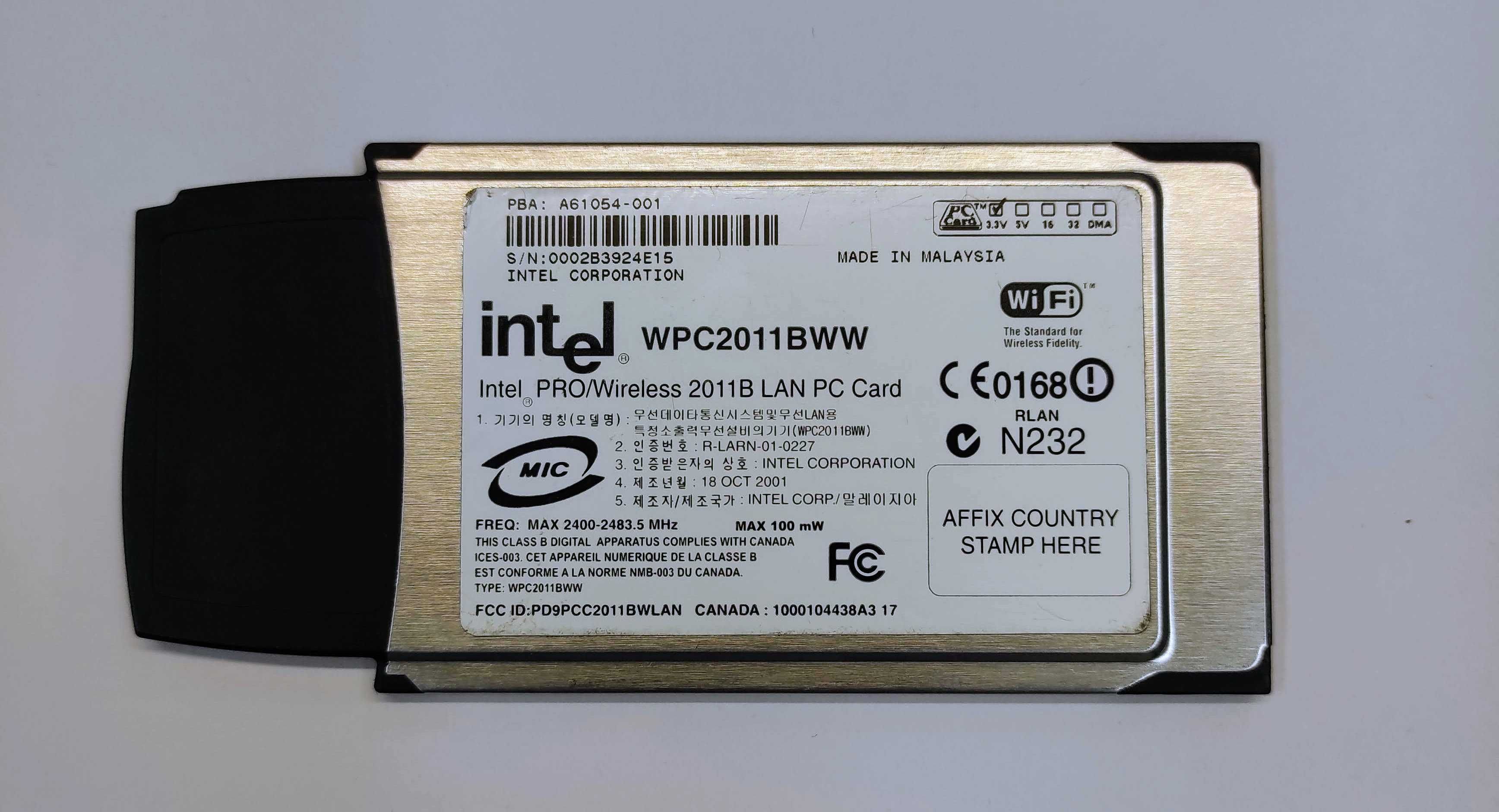 Intel Wireless LAN PC Card