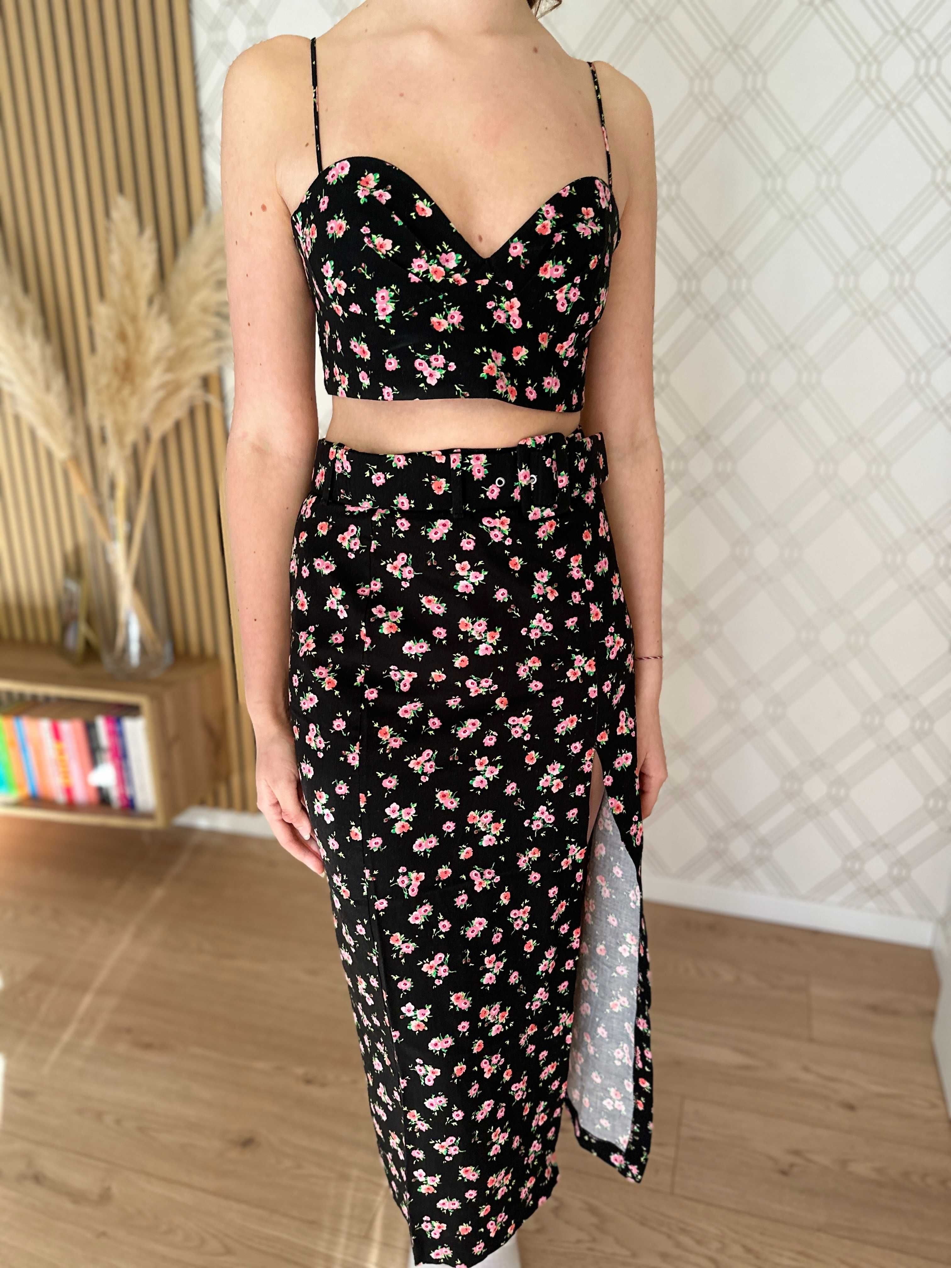 Czarny set komplet w kwiatki spódnica midi crop top gorset Zara