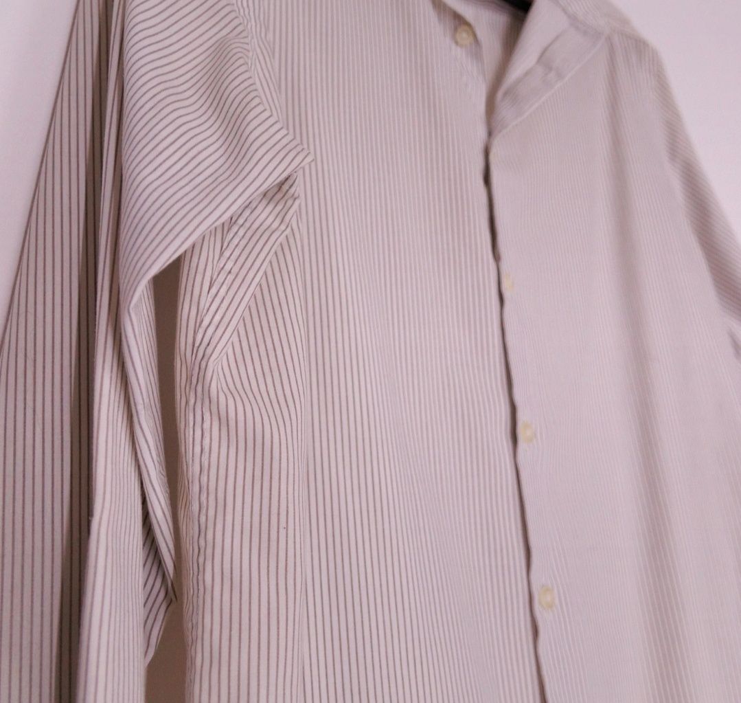 Elegancka Koszula męska na święta biała w brązowe paski M Topman długi