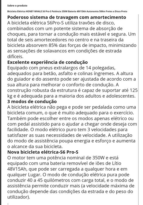 Bicicleta Elétrica HONEY WHALE S6 Pro-S Potência 350W Bateria 48V15Ah