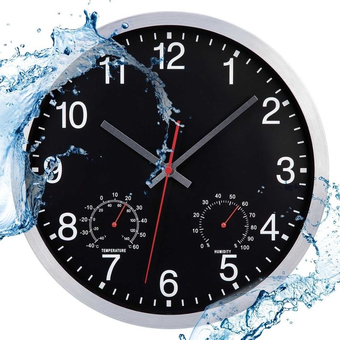 Zegar ścienny do ogrodu z termometrem i higrometrem.