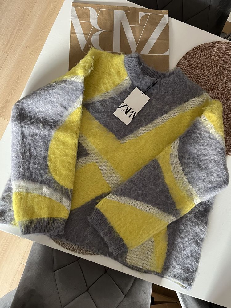 ZARA nowy sweter w stylu patchwork wlochaty żółty szary L