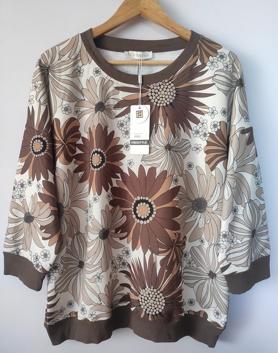 Nowa bluzka w kwiaty czekolada z beżem oversize