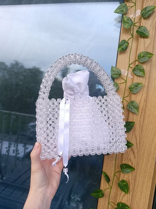 Torebka z koralików biała transparentna hand made