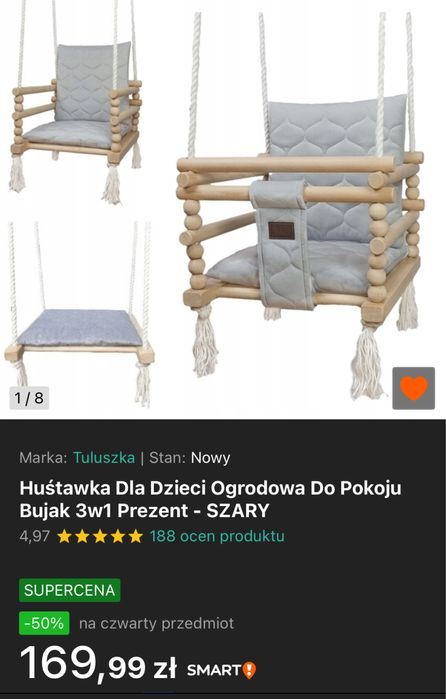 Huśtawka drewniana, do domu, ogrodowa, 3w1 szara BOHO Tuluszka