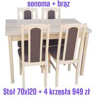 Nowe: Stół 70x120 + 4 krzesła, sonoma + brąz,  dostawa cała PL