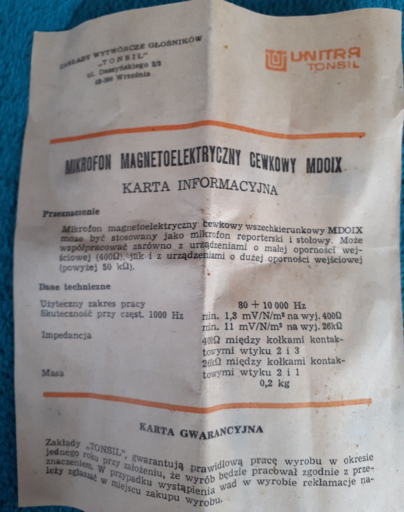 Mikrofon magnetoelektryczny cewkowy MDOIX z 1981 r