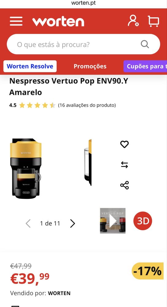 Maquina de café nespresso Vertuo amarela