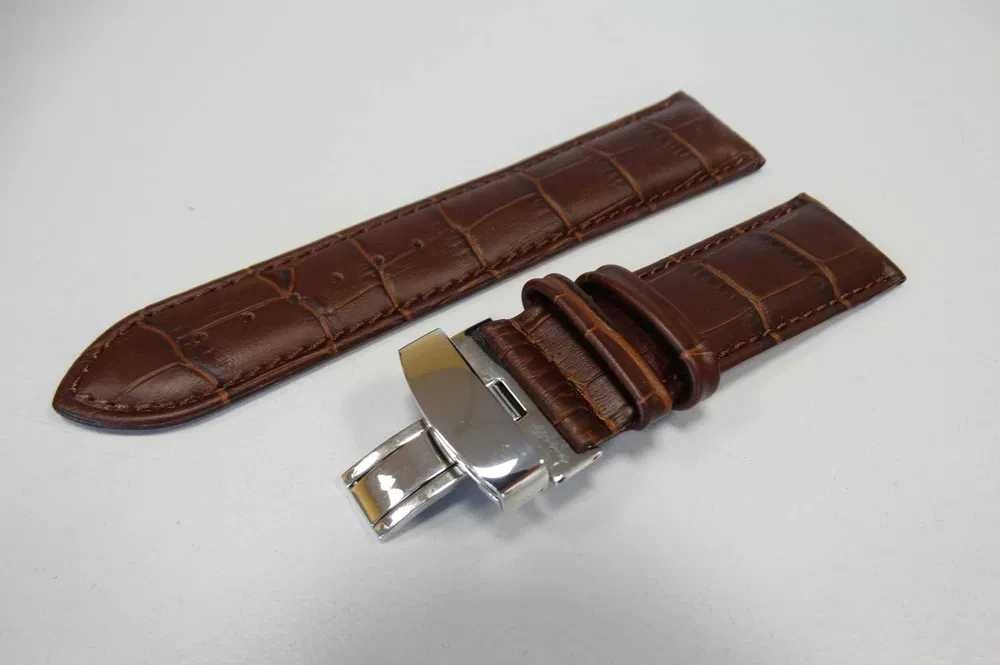 Brązowy pasek skórzany 24mm do zegarka z klamrą zapięcie motylkowe