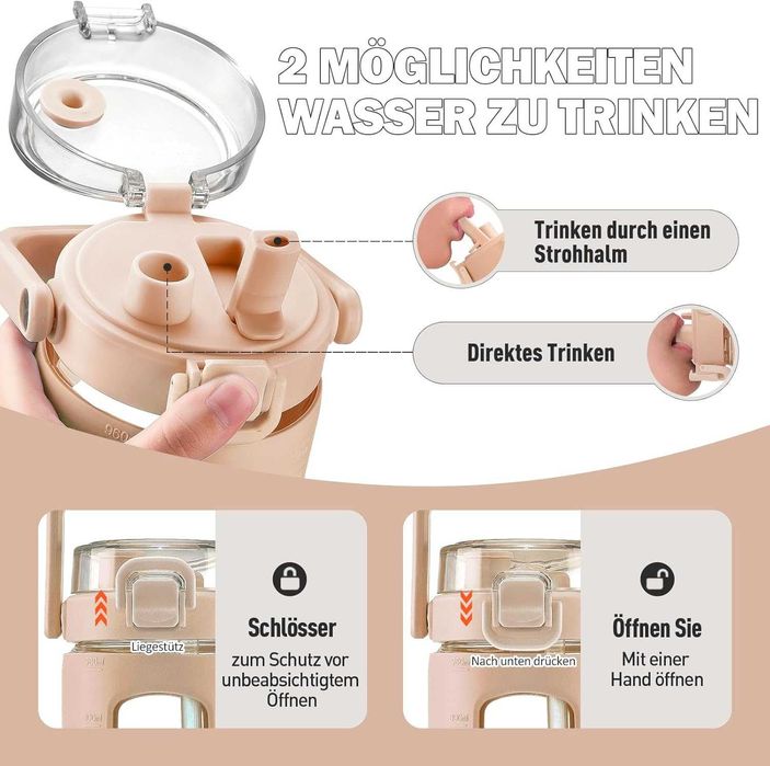 HYDRAGLAZIC Szklana butelka na wodę 960ml z pokrywką słomką