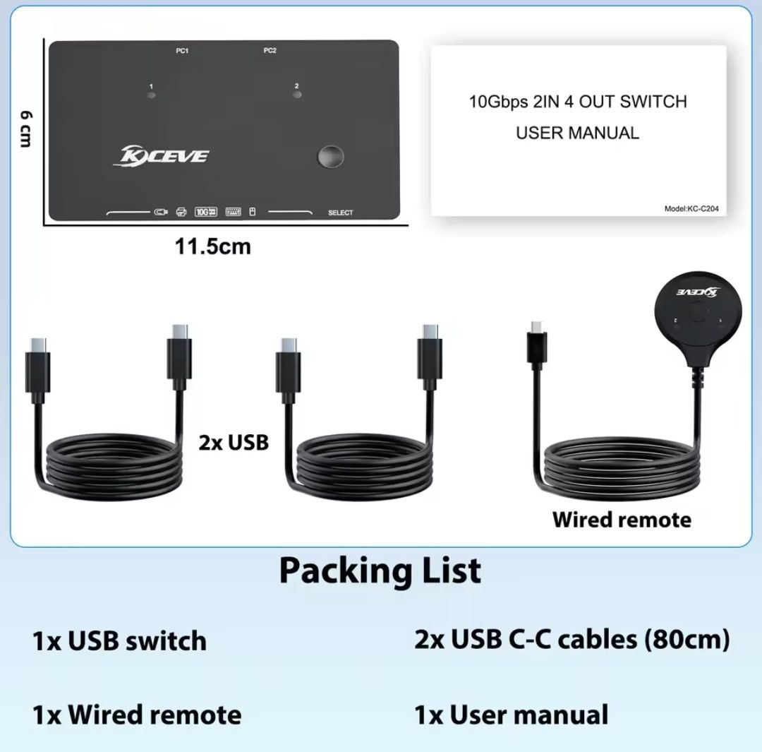 Перемикач KCEVE USB 3.2 10 Гбіт/с з 2 входами та 4 виходами USB C .