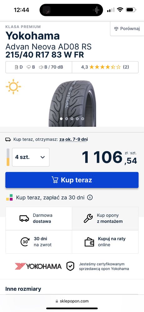 Rezerwcja Opony Yokohama Advan Neova AD08 RS 215/40 R17