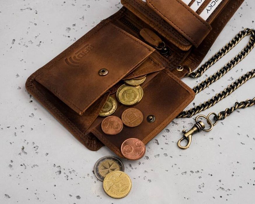 Duży, Skórzany Portfel Męski Z Łańcuszkiem