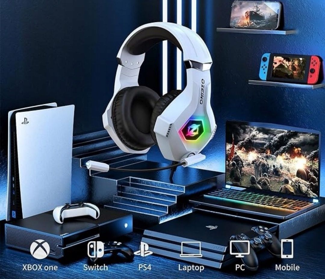 Słuchawki nauszne gamingowe RGB przewodowe z mikrofonem białe ZW1 OZEI