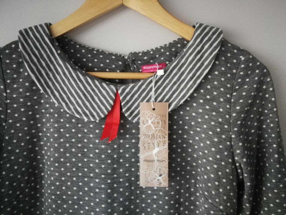 Sukienka ciążowa Happymum, szara w białe groszki, rozmiar S, nowa
