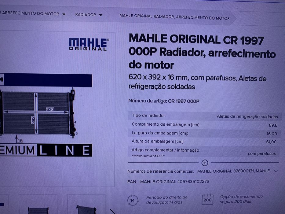 Radiador Agua Mahle original para Alfa Romeo/Fiat