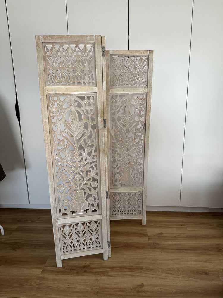 Parawan 3 panelowy, rzeźbiony, biały, drewno mango