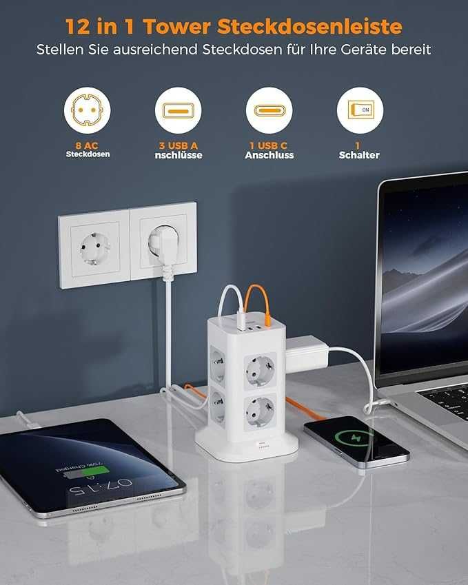 TESSAN Listwa zasilająca pionowa 8 gniazd z 3 USB A i USB C 2 metry