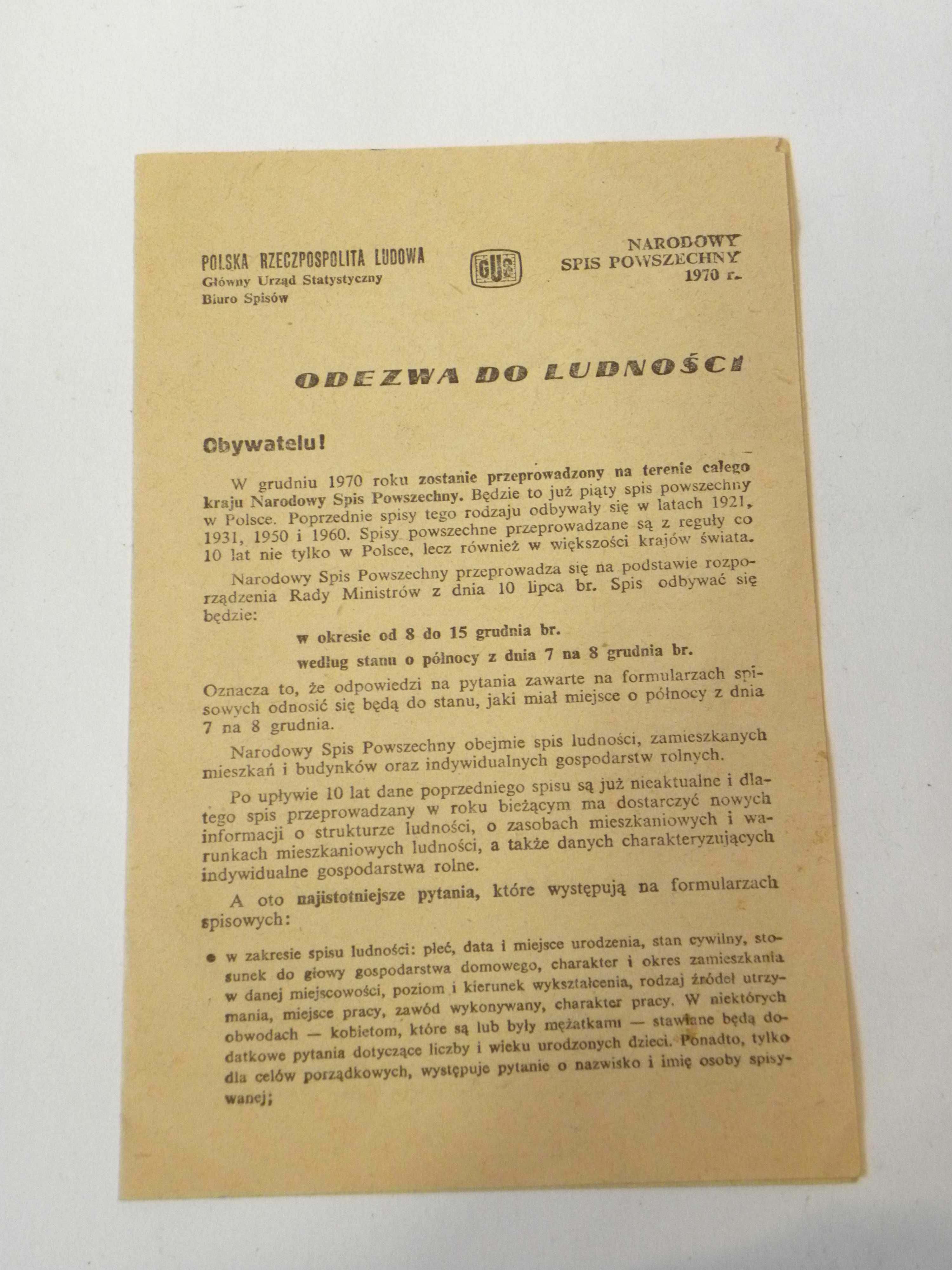 Kolekcjonerski dokument - Odezwa do ludności - rok 1970