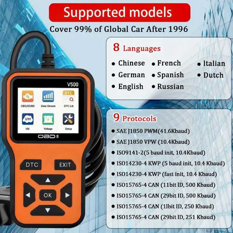 Skaner OBD2 V500 — natychmiastowy czytnik kodów tester napięcia