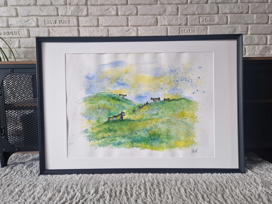 "KROWY" - obraz akwarelowy akwarela - wymiar 50x70cm - z ramą 64x94cm