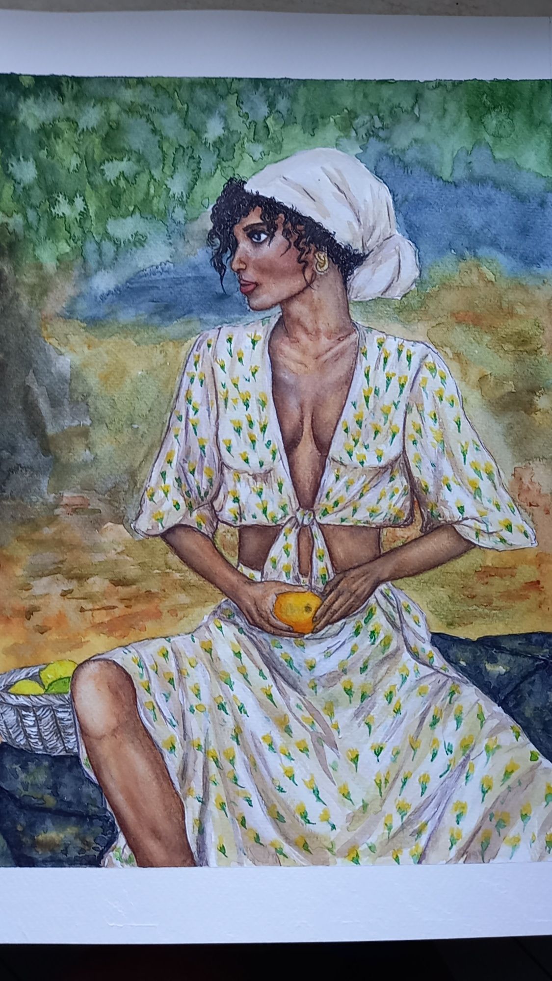 Картина "Девушка с апельсином", акварель