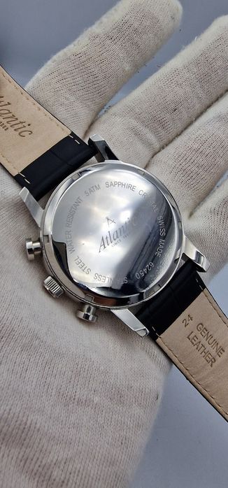 Wielki Atlantic Sealine Chronograph Black&White - szafir - skóra Swiss