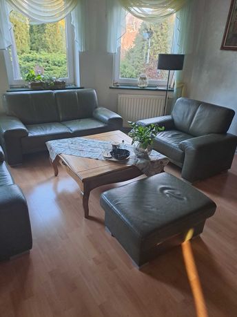 Sofa kanapa skórzana + 2 fotele + pufa