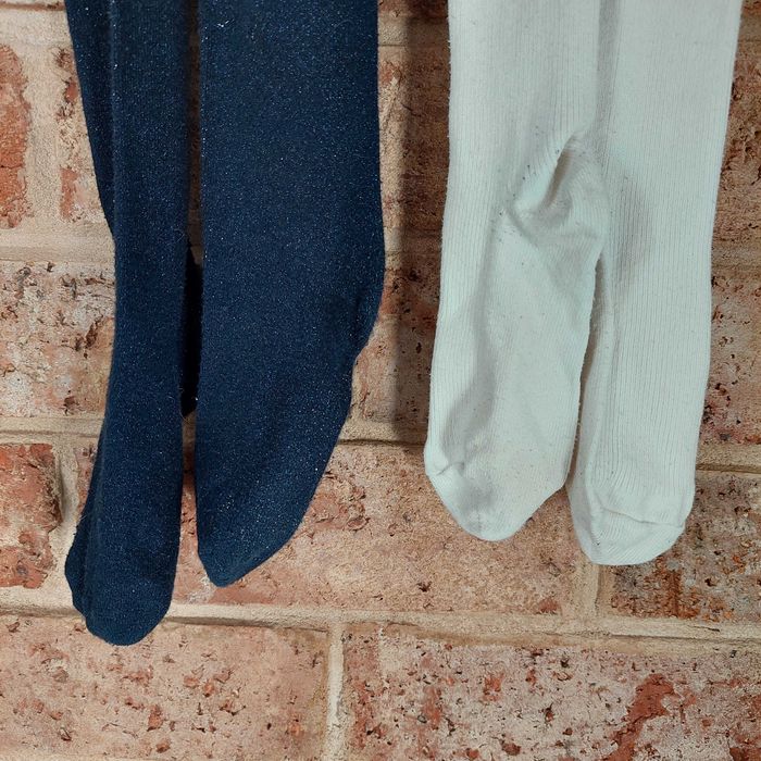 2 PARY rajstopy rajtki bawełniane 122-128 : granatowe i białe