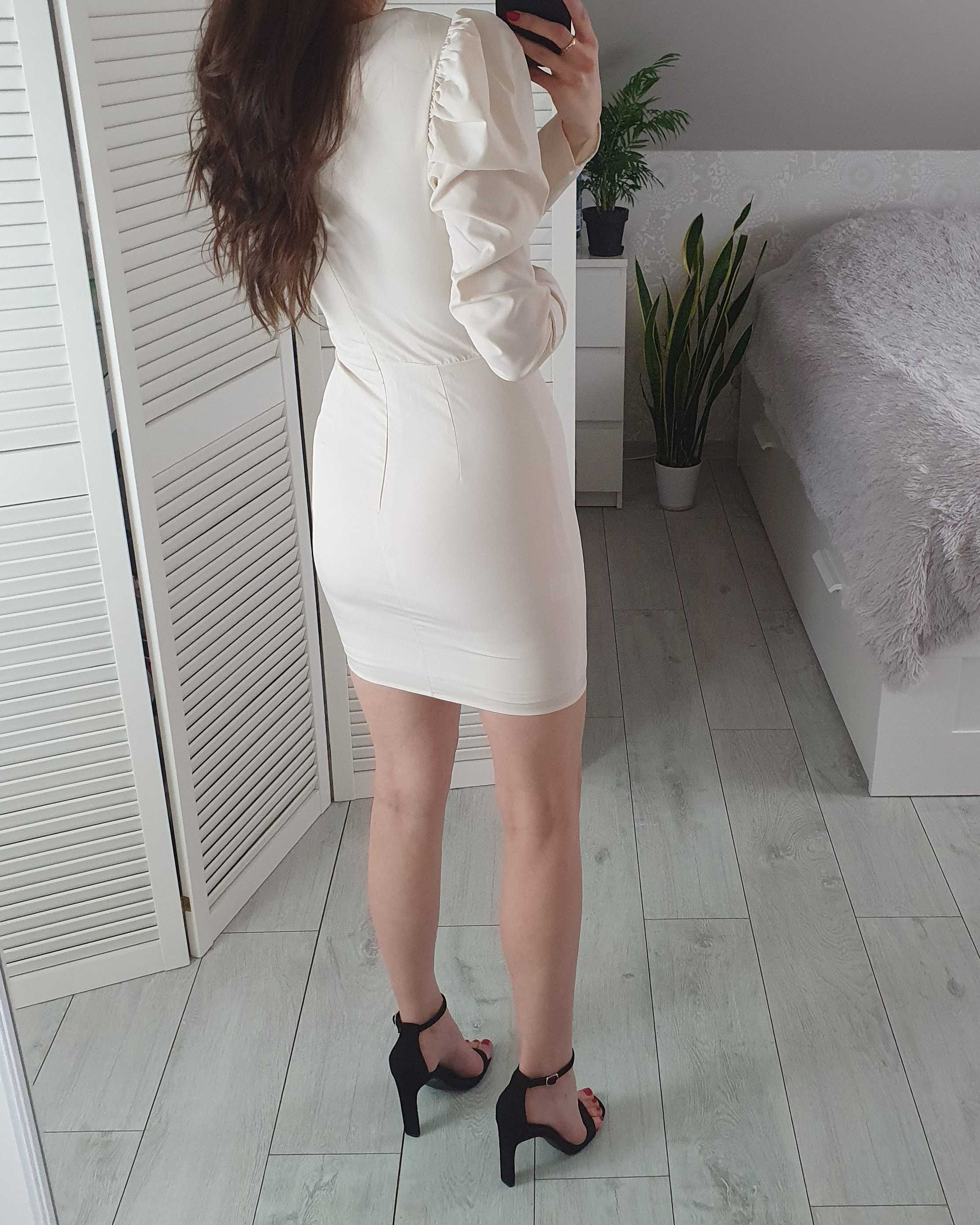 Love&other things biała kremowa sukienka satynowa z bufkami mini S