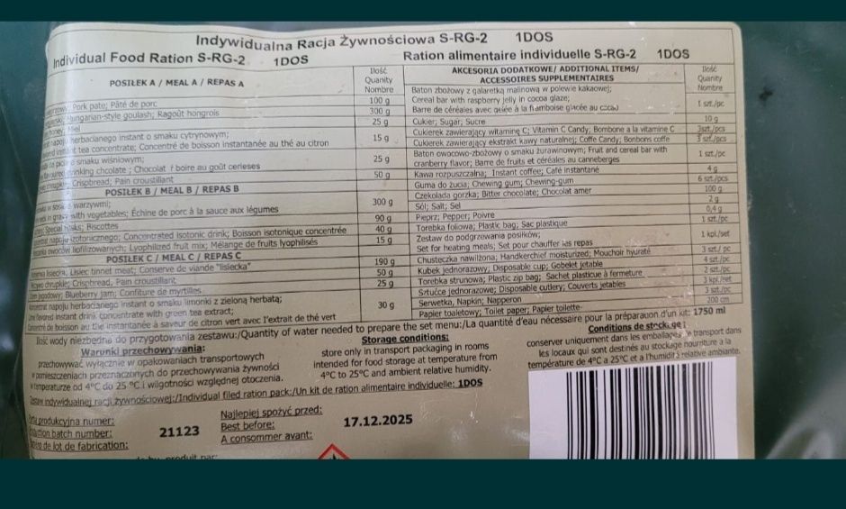 Wojskowa racja żywnościowa dobowa duża SRG-2 x 5szt 17.12.25r