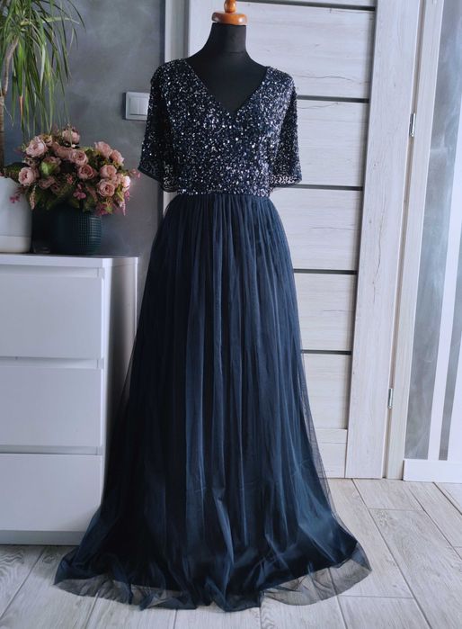 długa tiulowa suknia wieczorowa z cekinami balowa rozmiar xxl 44