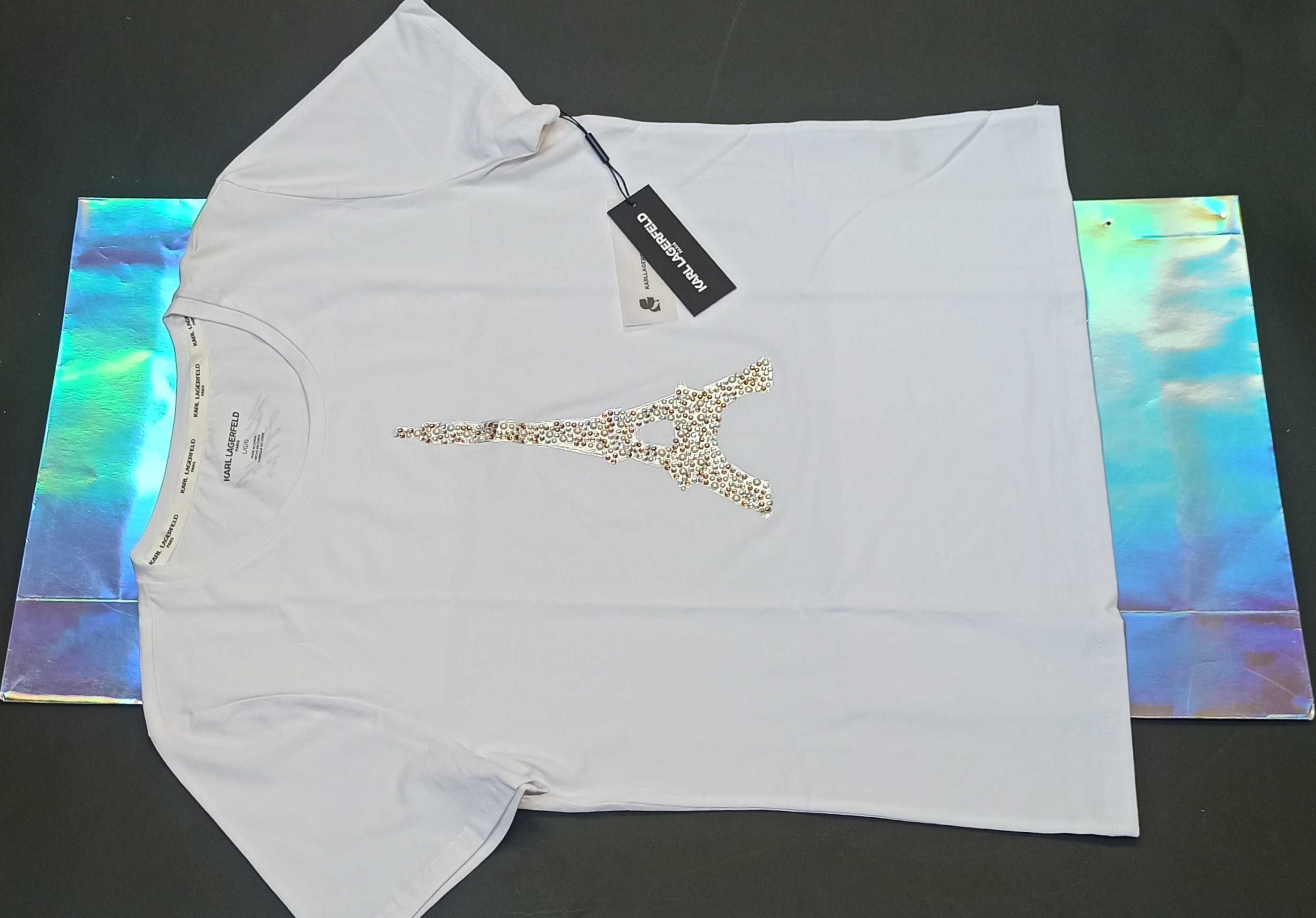 KARL LAGERFELD Oryginalna Koszulka T-Shirt Kryształki Perełki Eiffel