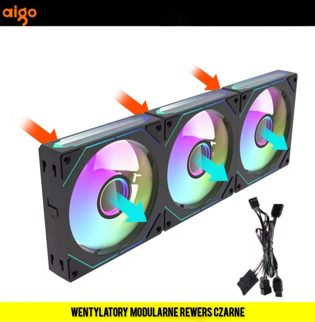 Wentylatory zestaw 120mm  Aigo AS12 modular rewers czarny 3 szt aRGB P