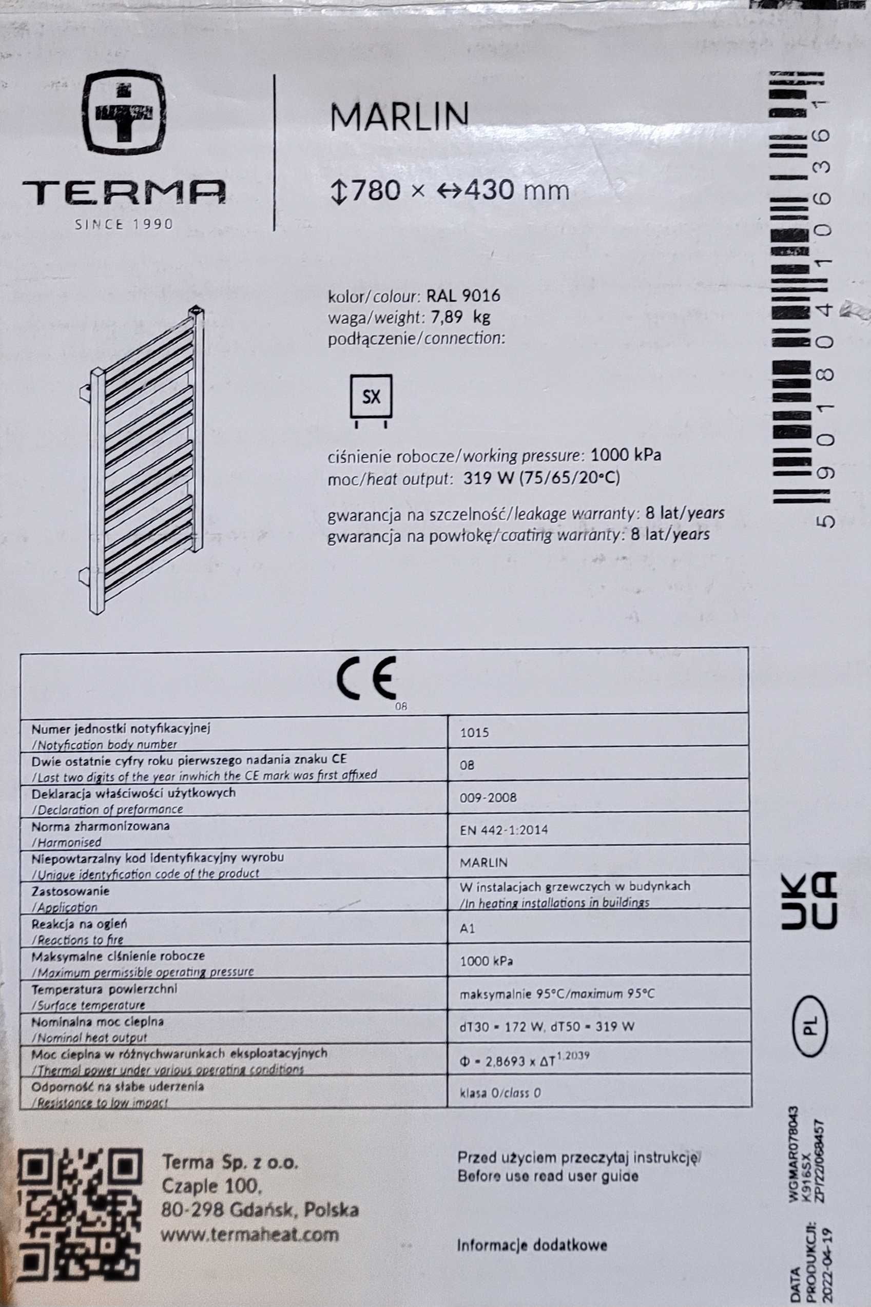 Grzejnik Terma Merlin 780x430 RAL 9016 SX WGMAR078043-K916SX