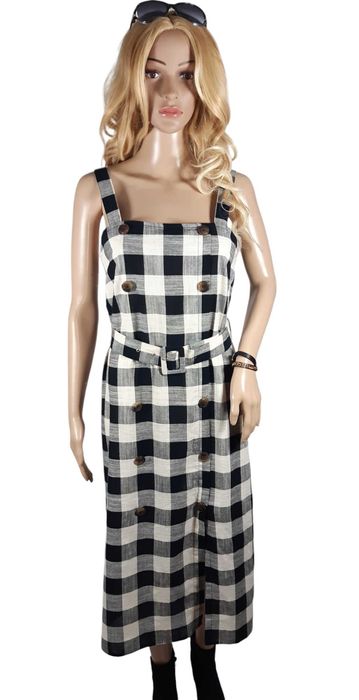 Nowa czarna ecru długa sukienka wzór w kratkę 40,L Primark bawełna