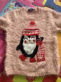 Sweter świąteczny różowy z pingwinem r. 110/116