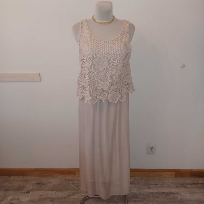 Made in Italy włoska sukienka jedwab haft Richelieu maxi dla XL+