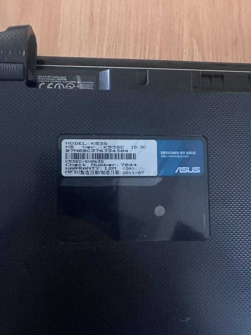 ноутбук ASUS,модель K53S,N B7N0BC376734304, без батареи и без шнура