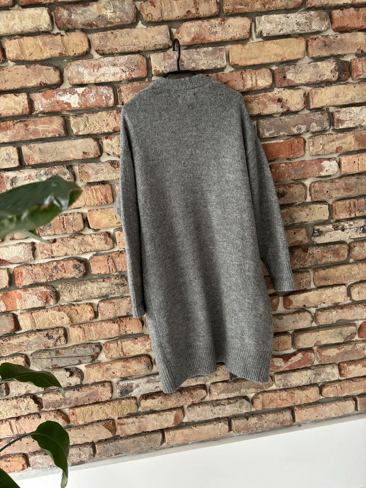 Długi 102cm sweter kardigan z kieszeniami paszki 58x2 moher blend xxl