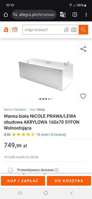 Wanna biała obudowa AKRYLOWA 160x70 SYFON Wolnostojąca