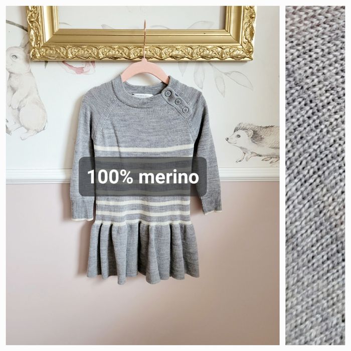 Wełniana 92 dzianinowa sukienka w paski z falbanką 100% merino scand